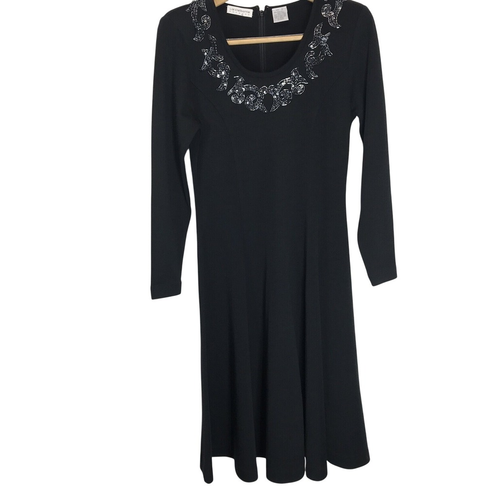Liz Claiborne Black Sequin Embellished Wool Blend Knit Fit & Flare Dress Small